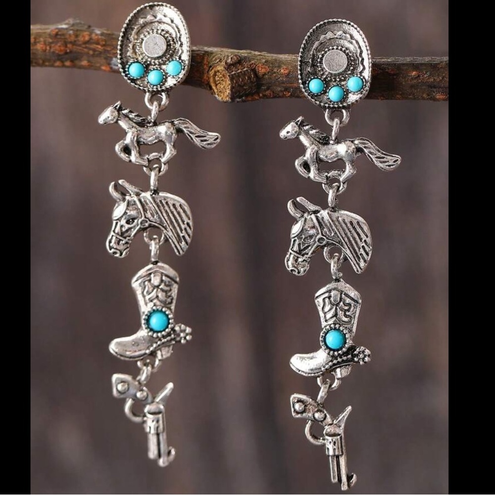 Turquoise and Silver Cowboy Dangle Earrings